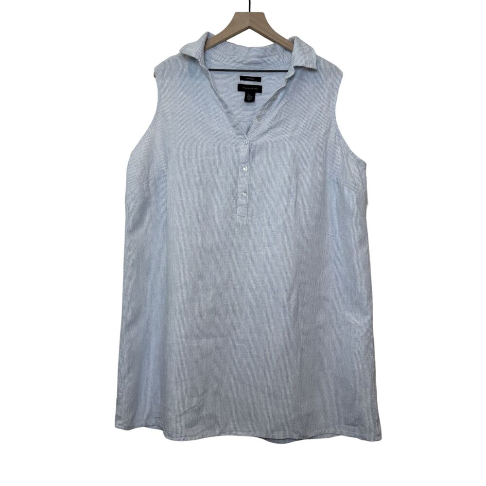 100% Linen Sleeveless Collared Blue and White Striped Dress Size 2XL Tahari